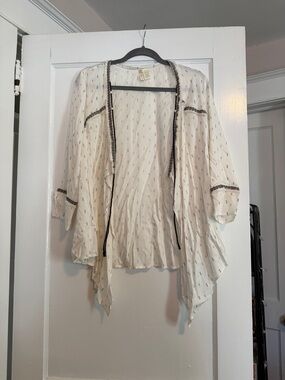 Japna Cream Lightweight Open-Front Boho Top with Black Trim